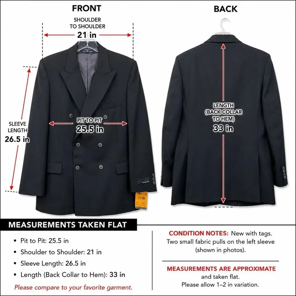 NWT Bill Blass 48L Black Double Breasted Wool Sport Coat Blazer